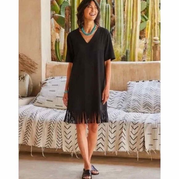 Karen Kane Black V-Neck Soft Knit Fringe Hem Dress Short Sleeve Summer Medium - Picture 10 of 10
